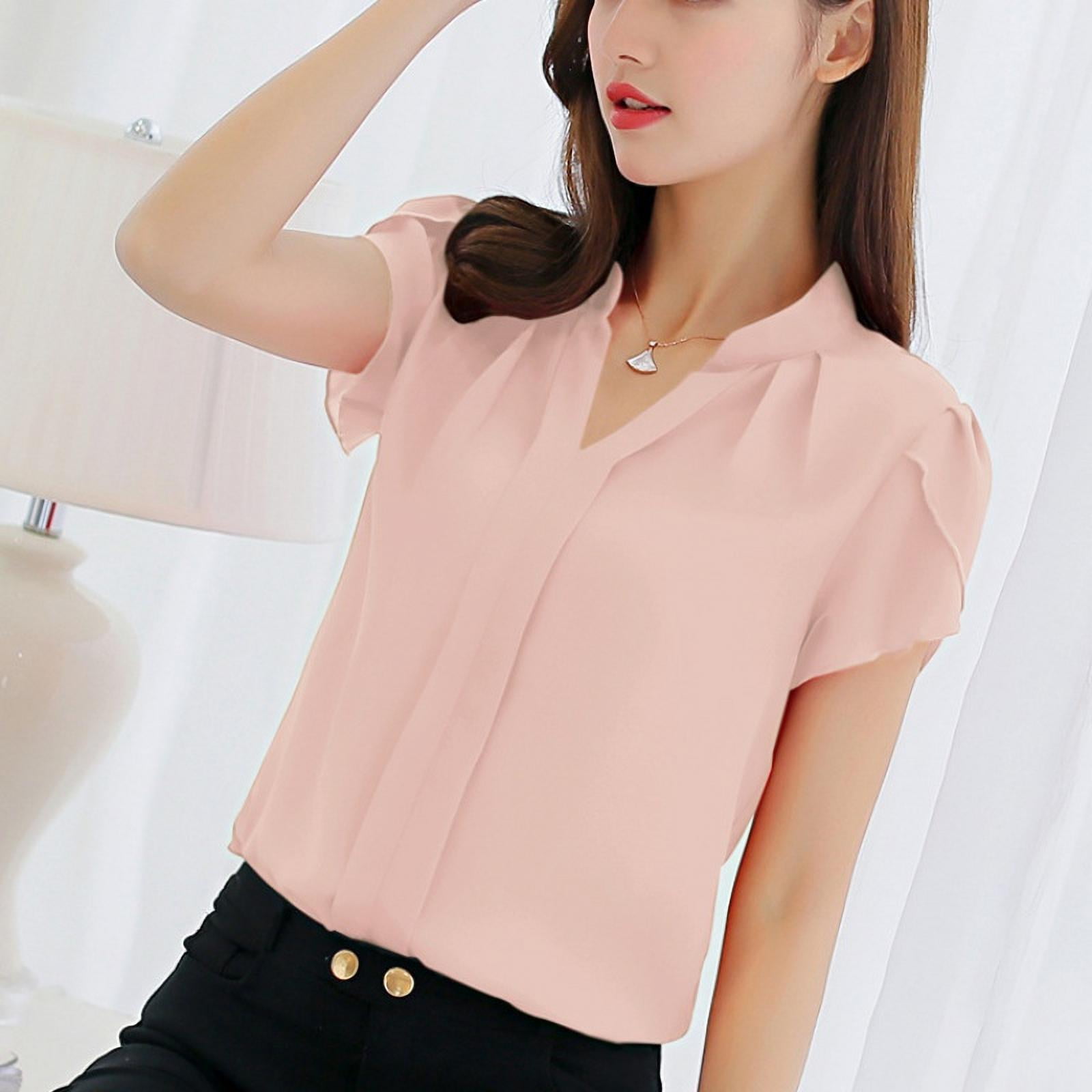 Women Summer Chiffon Short Sleeve Shirt Ladies Casual V-Neck Blouse Tops  T-Shirt - Walmart.com