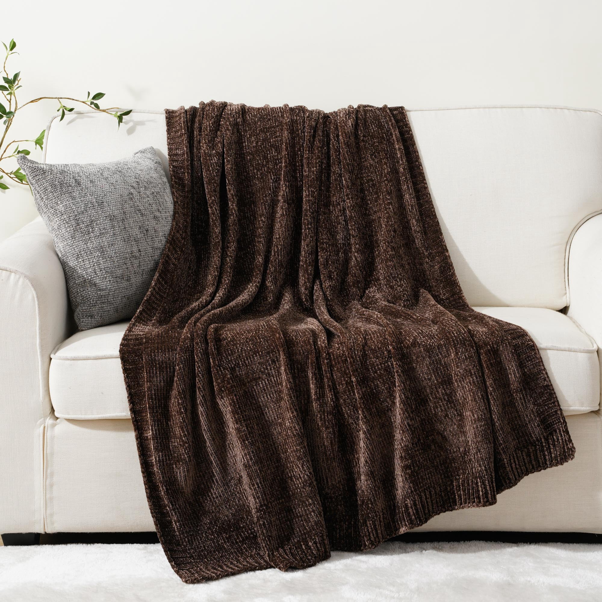 Battilo Brown Throw Blanket,Soft Chenille Knit Throws for Couch Bed, Fall Blanket,51"x67"