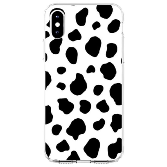 DistinctInk Clear Shockproof Hybrid Case for iPhone XR (6.1" Screen) - TPU Bumper, Acrylic Back, Tempered Glass Screen Protector - Black White Cow Dalmatian Spots - Animal Print