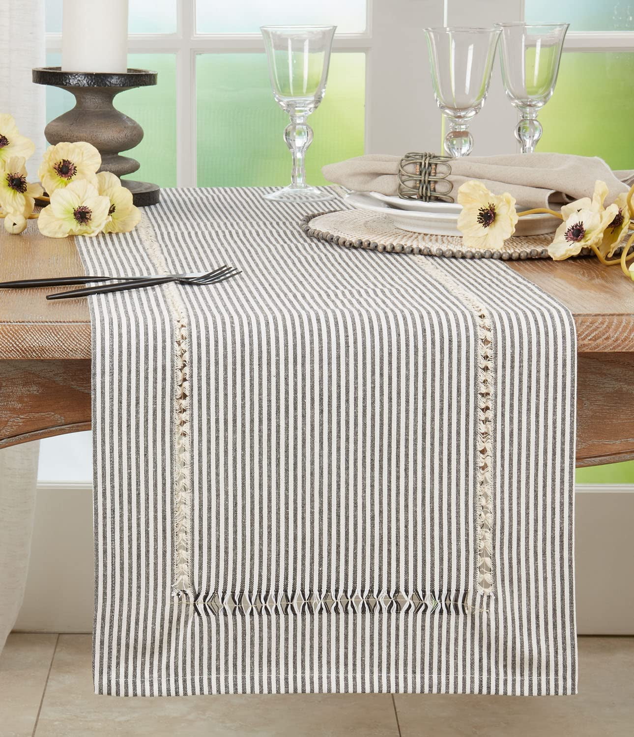 Black and White Striped Cotton Polyester Table Runner
