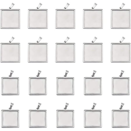 1box DIY Blank Square Pendant Making Kit Including 304 Stainless Steel Cabochon Settings Glass Cabochons Stainless Steel Color 24Pcs/box