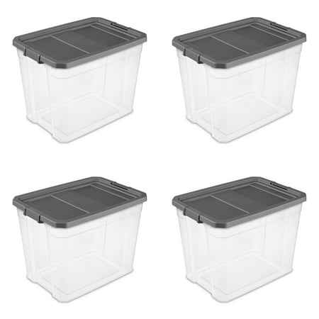Sterilite Extra Large Stackable Storage Bin 108 Quart Durable Clear Plastic Storage Container with Latch Lid Dark Gray 4 Pack