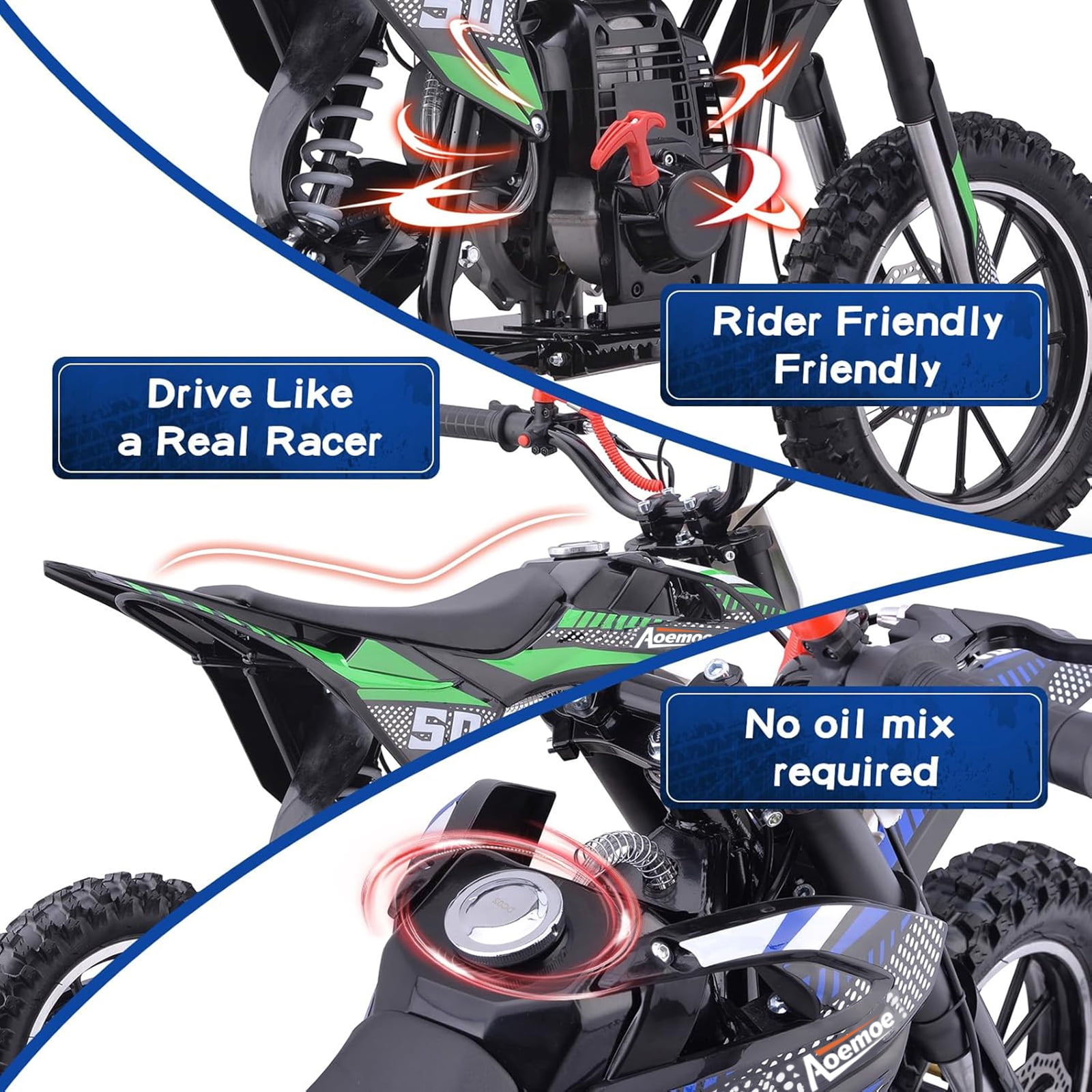Aoemoe 39cc 4-Stroke Kids Mini Dirt Bike, Gas Powered, Rear Suspension & Disc Brakes, 20Mph/165Lbs,Green
