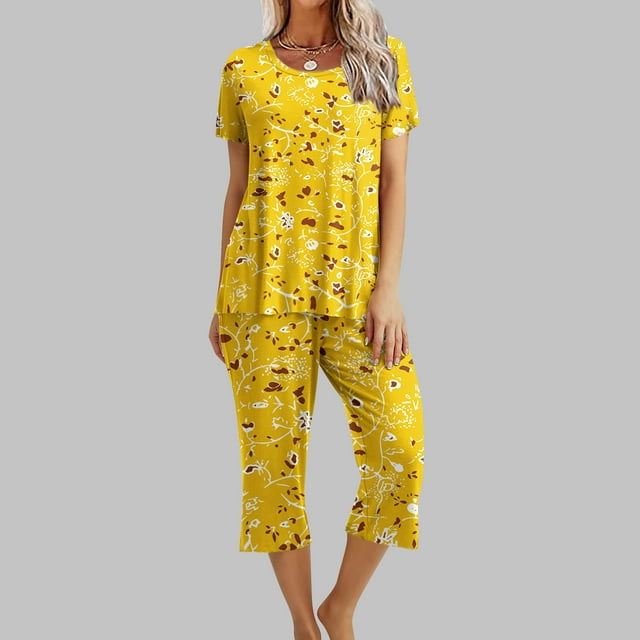 Ensemble de Pyjama pour Femmes à Col Rond Imprimé, Manches Courtes, Chemise de Nuit et Pantalon, Tenue d'Intérieur avec Poches