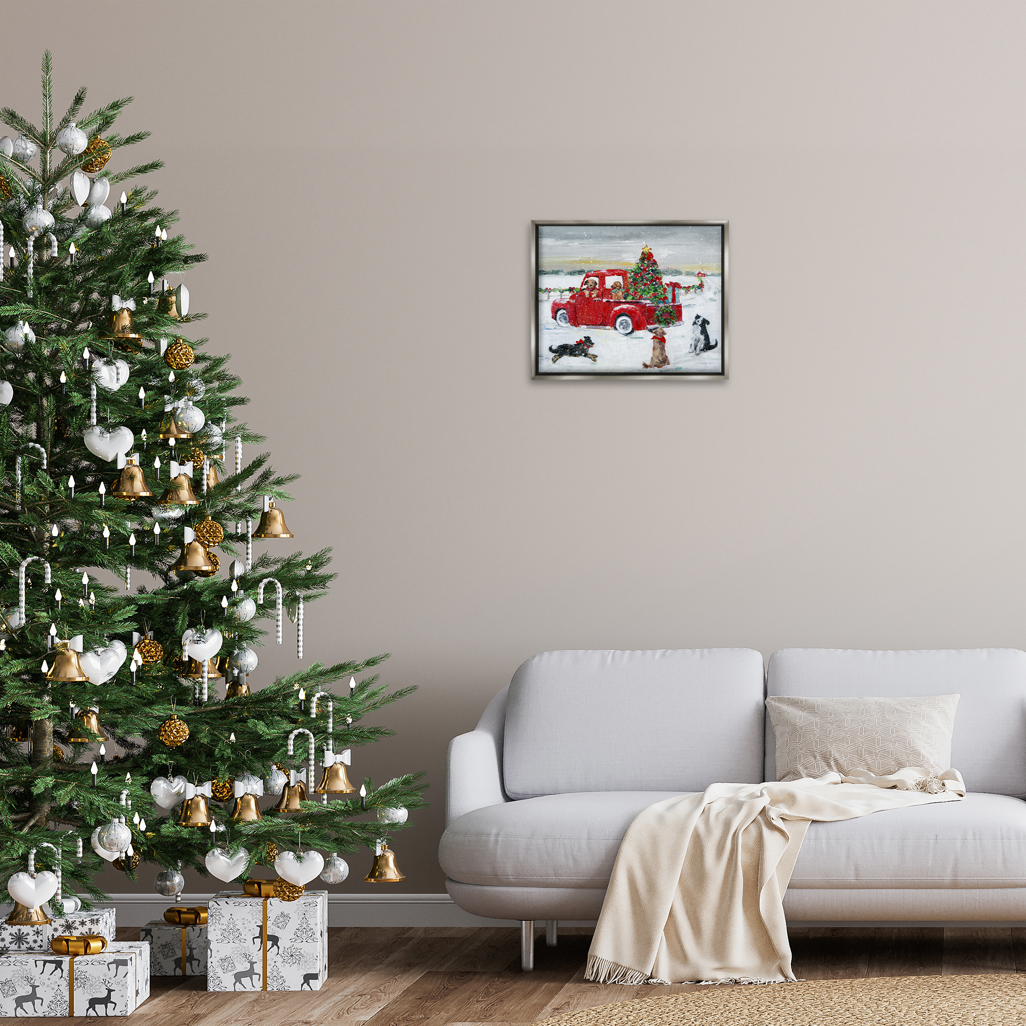Stupell Industries Seasonal Truck with Dogs Holiday Painting Gray Floater Framed Canvas Art Prints Wall Art, 21 x 17