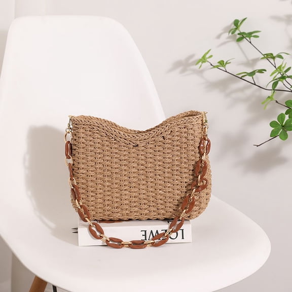 Mictong summer straw woven chain shoulder bag, women's handbag, rattan bohemian casual woven crossbody bag, brown, 1 piece