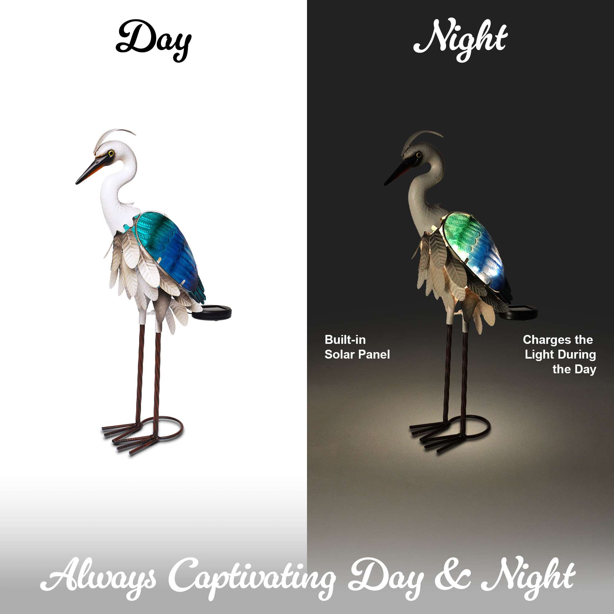 G128 Solar Metal Heron Statue 24" Outdoor Decor with LED Light, Colorful Yard Art for Lawn Patio