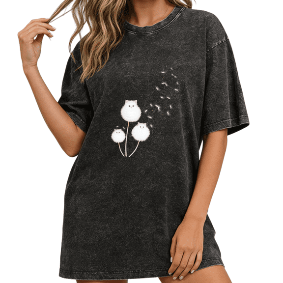 Women Cat Dandelion Graphic Tops Round Neck Printed Washed Cotton T-Shirt Black S-2XL Plus Size