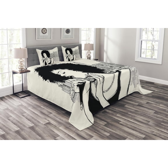 Ambesonne Afro Quilted Bedspread Set 3 Pcs, American Lady Jazz Musician, King Size, Black Grey and Ivory