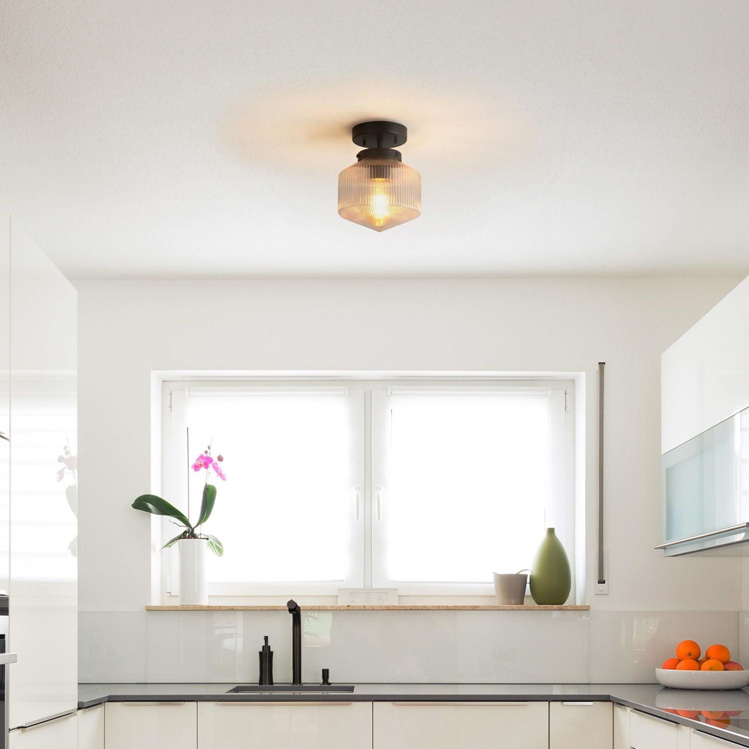 1-Light Matte Black Flush Mount Ceiling Light with Ribbed Glass Shade