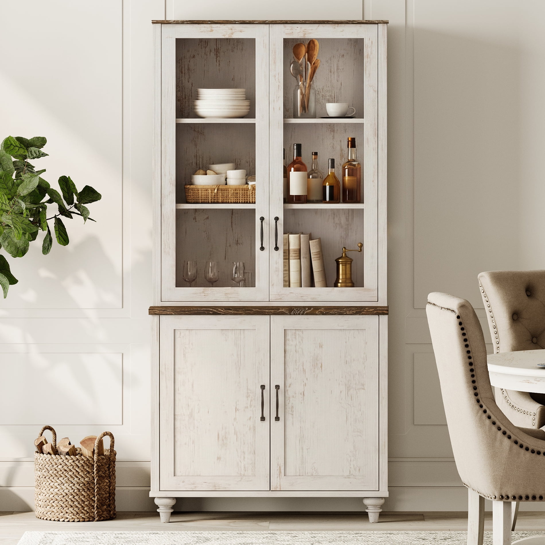 72.1"H × 33.9"W Large Farmhouse Wooden Bookcase with Glass Doors & Shelves, Storage Cabinet Bookcase for Living Room, Bedroom, Home Office & Kitchen, Rustic white