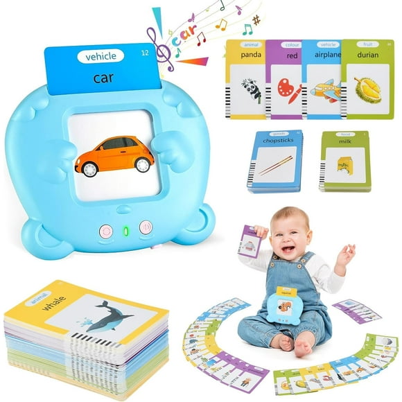 Cartes Éclair Parlantes Améliorées pour Tout-Petits, Cadeau d'Anniversaire Garçon Fille de 1 An, Jouets Montessori pour 1 2 3 Ans, 224 Cartes Éclair de Mots de Vocabulaire Maternelle, Jouets d'Orthophonie pour Tout-Petits 1-3, Bleu