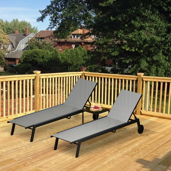 Dextrus 2 Pcs Outdoor Lounge Chairs with Side Table, Reclining Sun Loungers Featuring Aluminum Frame/Textilene Fabric/Wheels