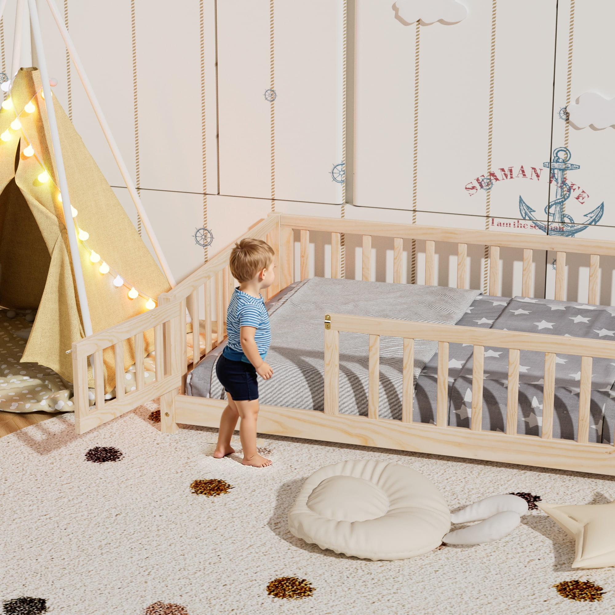 Twin Floor Bed Frame, Montessori Floor Bed with Fence and Wood Slats, Natural