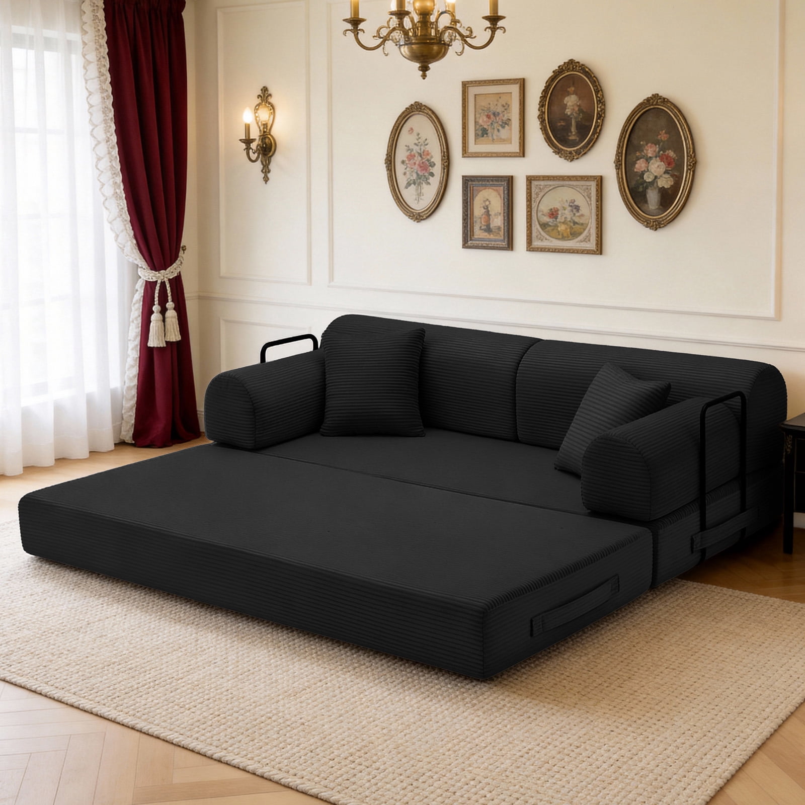 Hommoo Modern Convertible Sleeper Sofa Couch Bed, Compressed Corduroy Fabric Floor Sofa Couch with Fixed-Shape Frame, Black