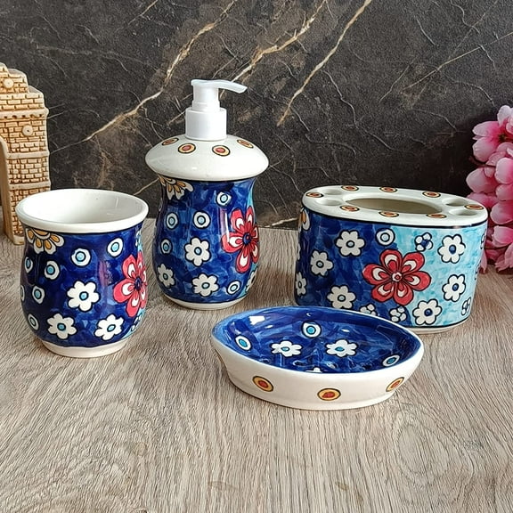 India Meets India Ceramic Hand-Painted Bathroom Accessories Set, Ceramic Soap Dispenser | Toothbrush Holder | Soap Dish Tray | Tumbler w/ Flowers Pattern, Bath Set for Home/Offices/Restaurants - Blue