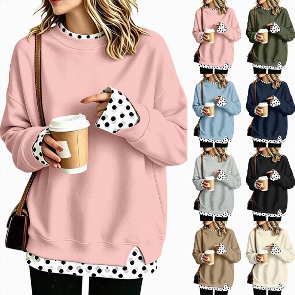 CAUYDY Women's Crewneck Sweatshirt Layered Hem Pullover Top with Ribbed Cuffs Slouchy Street Style Sweatshirts Pink Sizes L