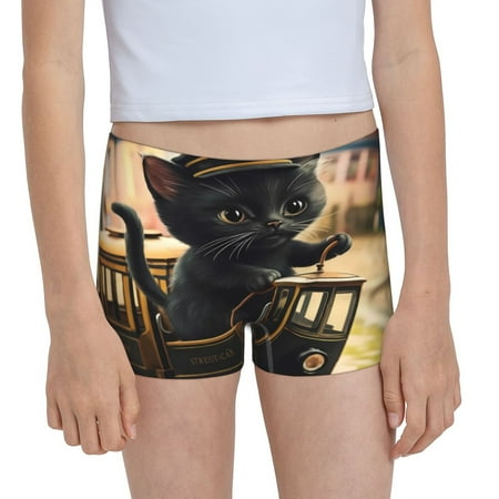 Matuu Adorable Kitten On Mini Train Print Girl s Boxer Briefs Stretch Cotton Underwear-XX-Small