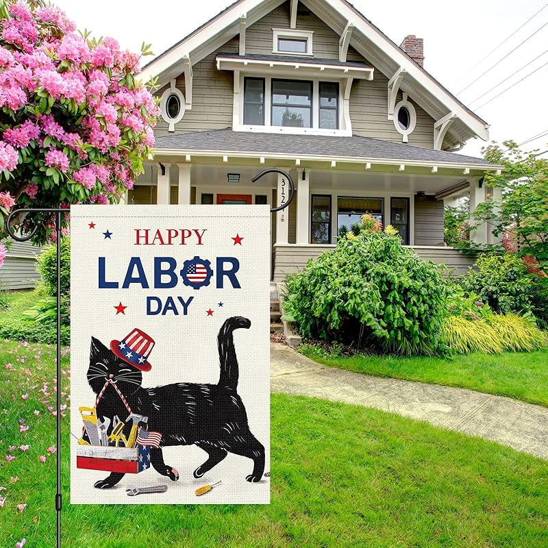 Happy Labor Day Garden Flag Double Sided Vertical, Burlap Small Black Cat Garden Yard House USA Flags Banner Outdoor Outside Labor Day Decoration (ONLY FLAG)