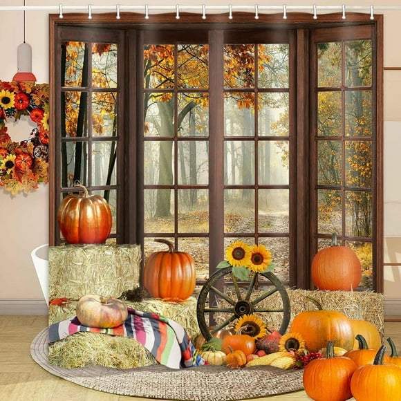 Rideau de Douche Automne Ferme, Citrouilles d'Automne Tournesols de l\'Action de Grâce Récolte Rideaux de Douche, Feuilles de la Nature Ensemble de Rideaux de Salle de Bain avec 12 Crochets, 70x70 Pouces