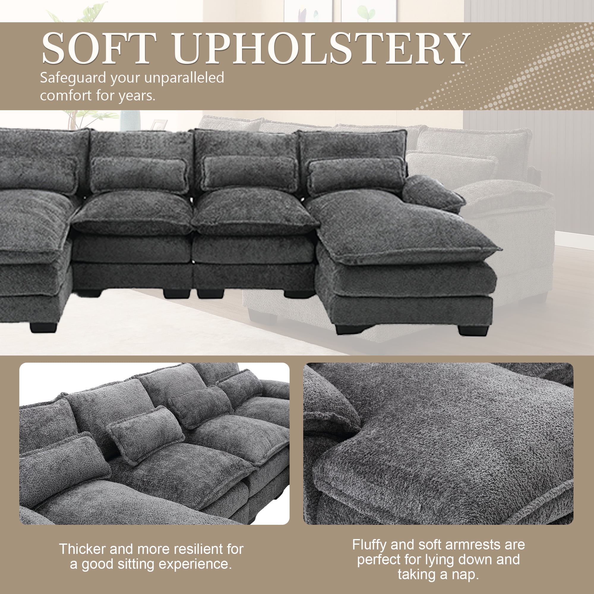MOONMISS Chenille Upholstered U-Shaped Oversized four-seater Living Room Sectional Sofa With Wooden Frame-Gray