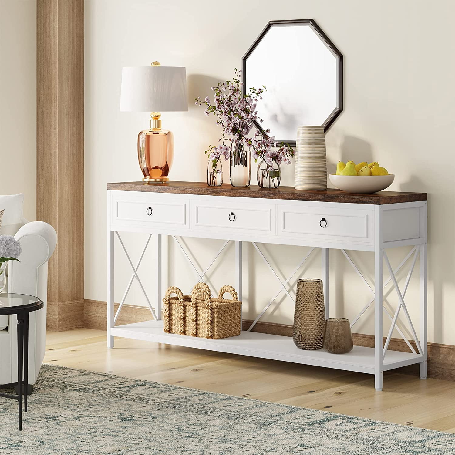 70.8-Inch Console Table with 3 Drawers, Farmhouse Entryway Table with Storage Shelf