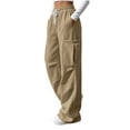 thumbnail image 4 of WIZUTIZ Women's Solid Color Wide Leg Jogger Pants High Rise Elastic Drawstring Waist Side Pockets Long Length Casual Trousers Comfy Soft Stretchy Everyday, 4 of 8
