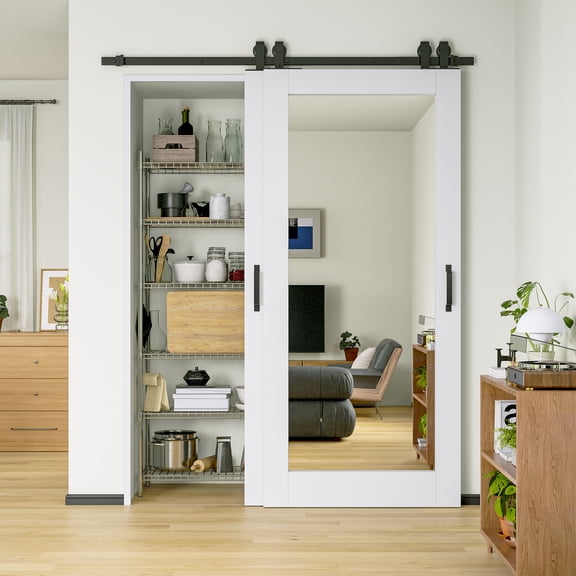 64" x 80" Bypass Barn Door-White Primed 1-Lite 𝐌𝐢𝐫𝐫𝐨𝐫𝐞𝐝 𝐒𝐥𝐢𝐝𝐢𝐧𝐠 𝐁𝐲𝐩𝐚𝐬𝐬 𝐁𝐚𝐫𝐧 𝐃𝐨𝐨𝐫 With Installation Hardware Kit/No Assembly Required