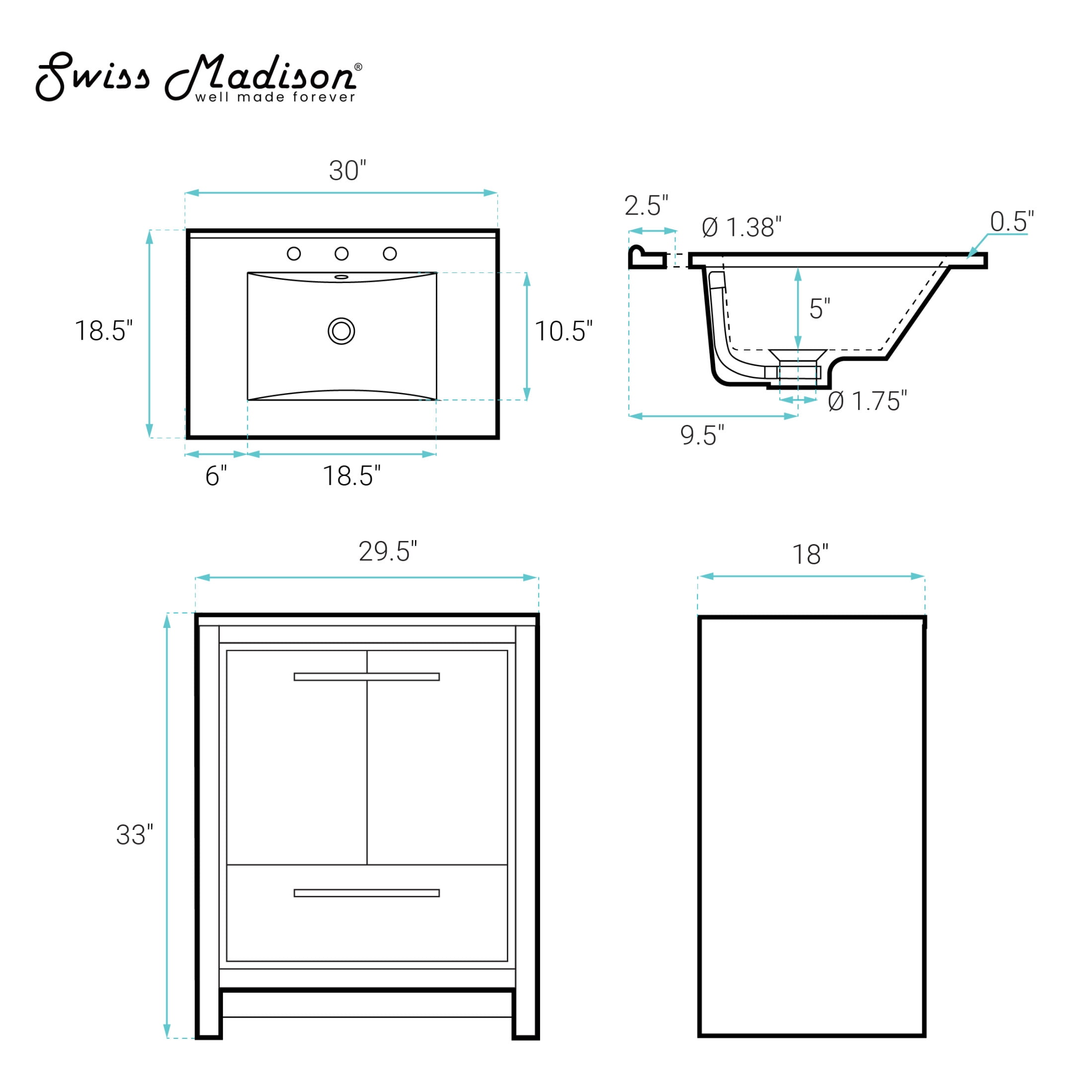 Virage 30" Freestanding Bathroom Vanity in White with 3-Hole Widespread Sink Top
