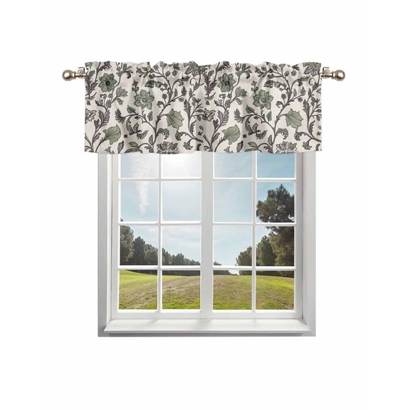Sage Green Leaf Curtain Valance for Windows/Living Room/Kitchen/Bathroom/Café, Short Rod Pocket Tier Curtain Window Treatment Panel Vintage Farmhouse Boho Pastoral Tribal Topper Curtain 42''x12''