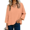thumbnail image 3 of Women's V Neck Loose Fit Top Shirt Blouse Three Quarter Sleeve Curved Hem Solid Color Casual Daily Wear Vacation Travel Fashion Essential Gift for Women | CSEONE,Orange XL, 3 of 9