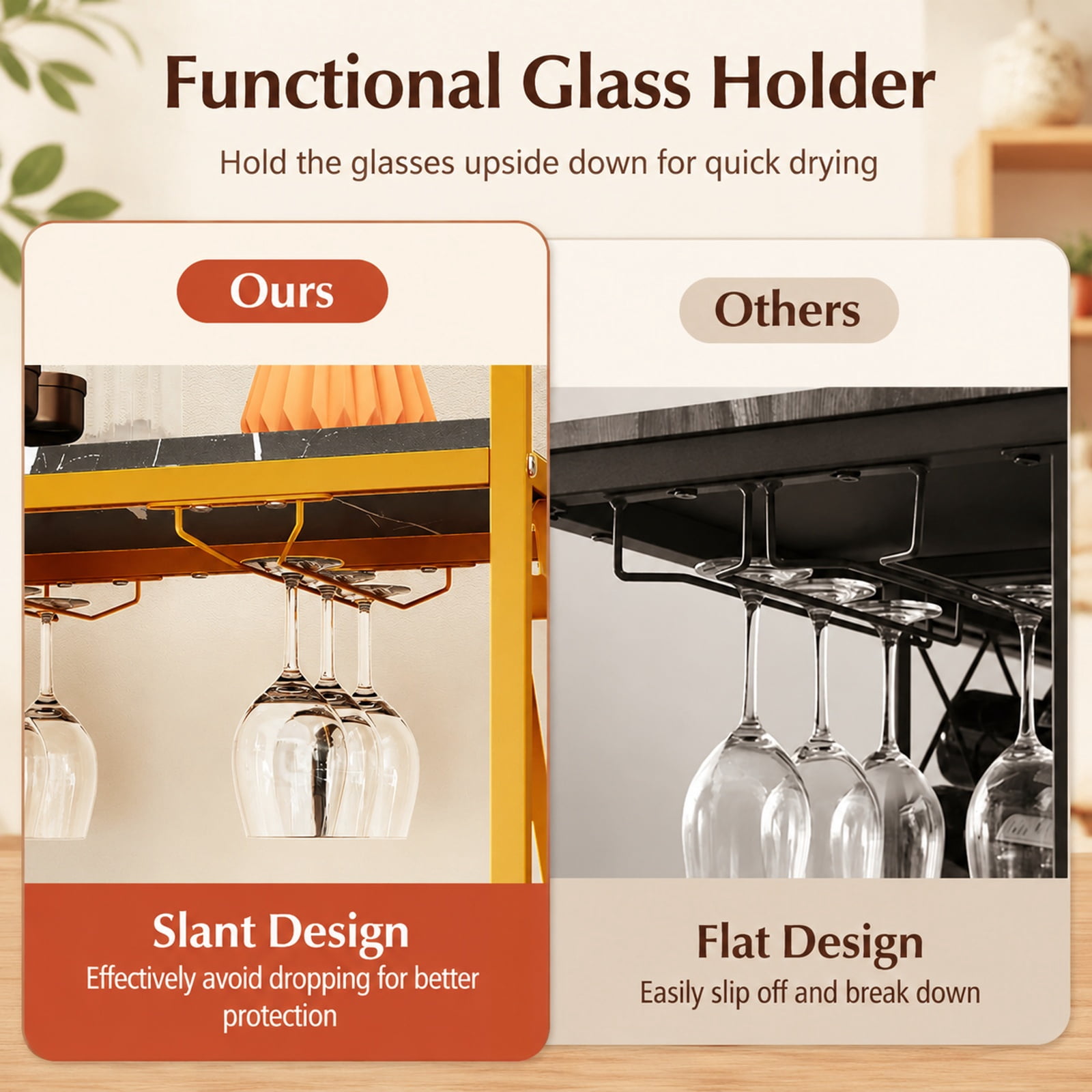 RUIE 21 Bottle Freestanding Wine Rack, Floor Wine Bottle Organizer with Glass Holder, Metal Wood Storage Shelf for Kitchen Dining Room - Black Golden