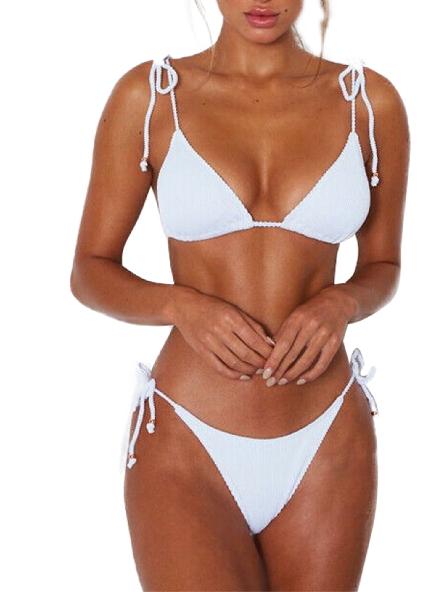 SHEOWO Women Swimsuits Sexy V Neck Solid Color Sleeveless Bikini Two