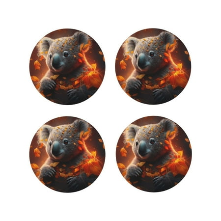 

Tebeau Cute Maple Leaf Koala Print Set of 4 Leather Drink Coasters Round Cup Mat Pad for Home and Kitchen Use 4 -Round Shape