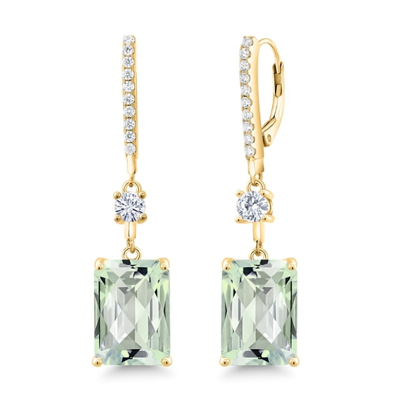 Gem Stone King 18K Yellow Gold Plated Silver Green Prasiolite and Moissanite Dangle Earrings for Women | 14X10MM Emerald Cut | 13.96 Cttw
