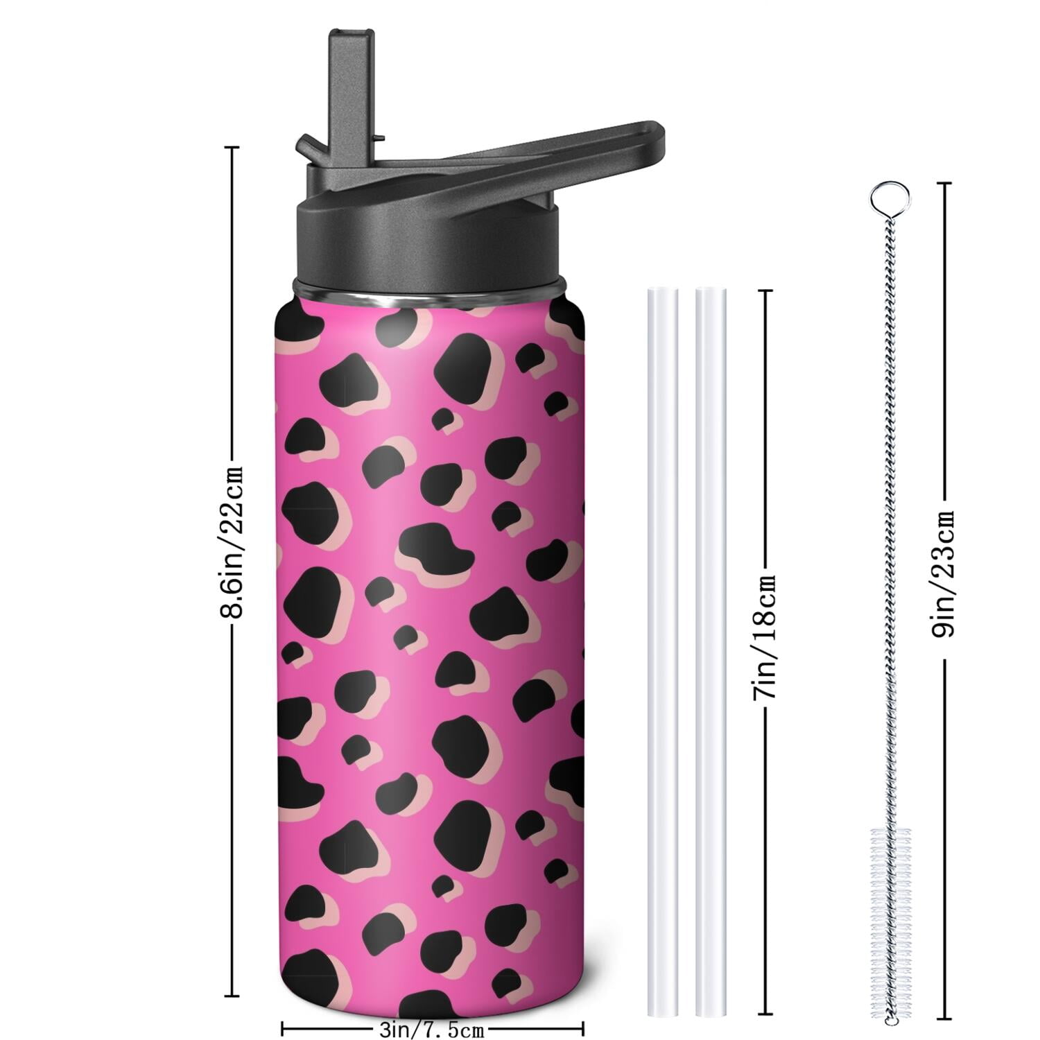 Leopard Print Insulated Stainless Steel Water Bottle with Straw & Cleaning Brush – 18 Oz | Leakproof, BPA-Free, 304 Stainless Steel, Wide Mouth, Travel Mug for Car, Gym, Office