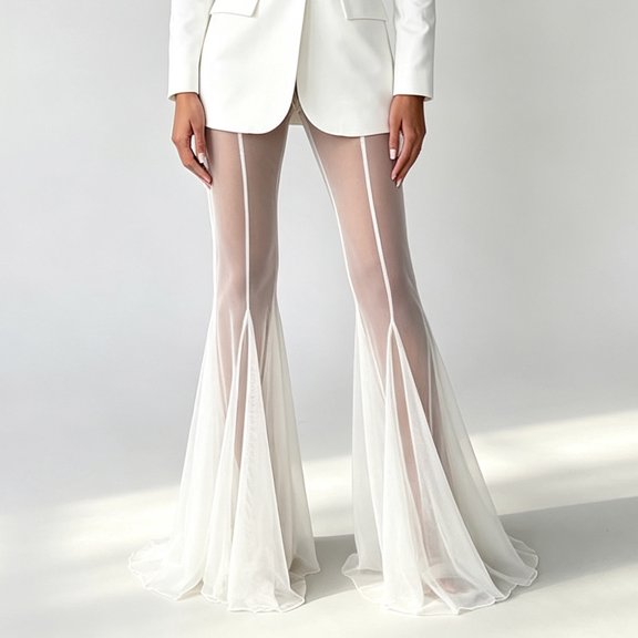 Karymi Running Shorts for Women Sheer Mesh Flare Palazzo Pants, High Waist Double Layer See Through Wide Bell Long Trousers, Vertical Seam Party Club Wide Leg Pants Woman