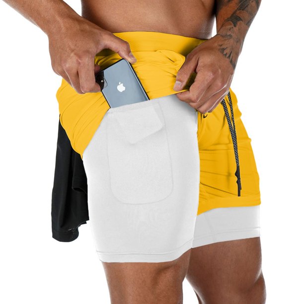 Pantalones cortos deportivos para correr, de ocio, para hombre, con múltiples bolsillos, holgados, de doble capa, para fitness, para exteriores
