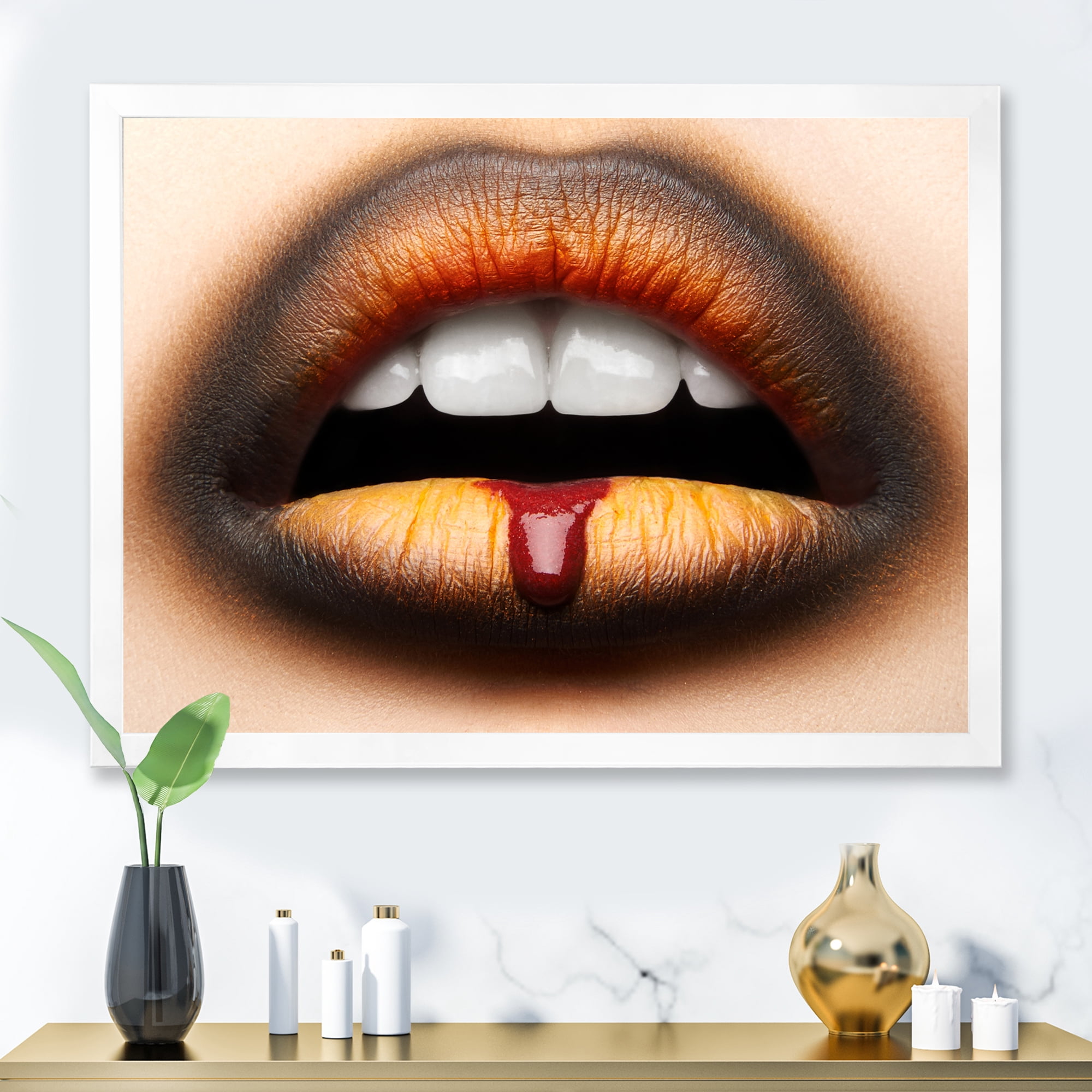 Designart 'Woman Lips With Black & Orange Lipstick' Modern Framed Art Print