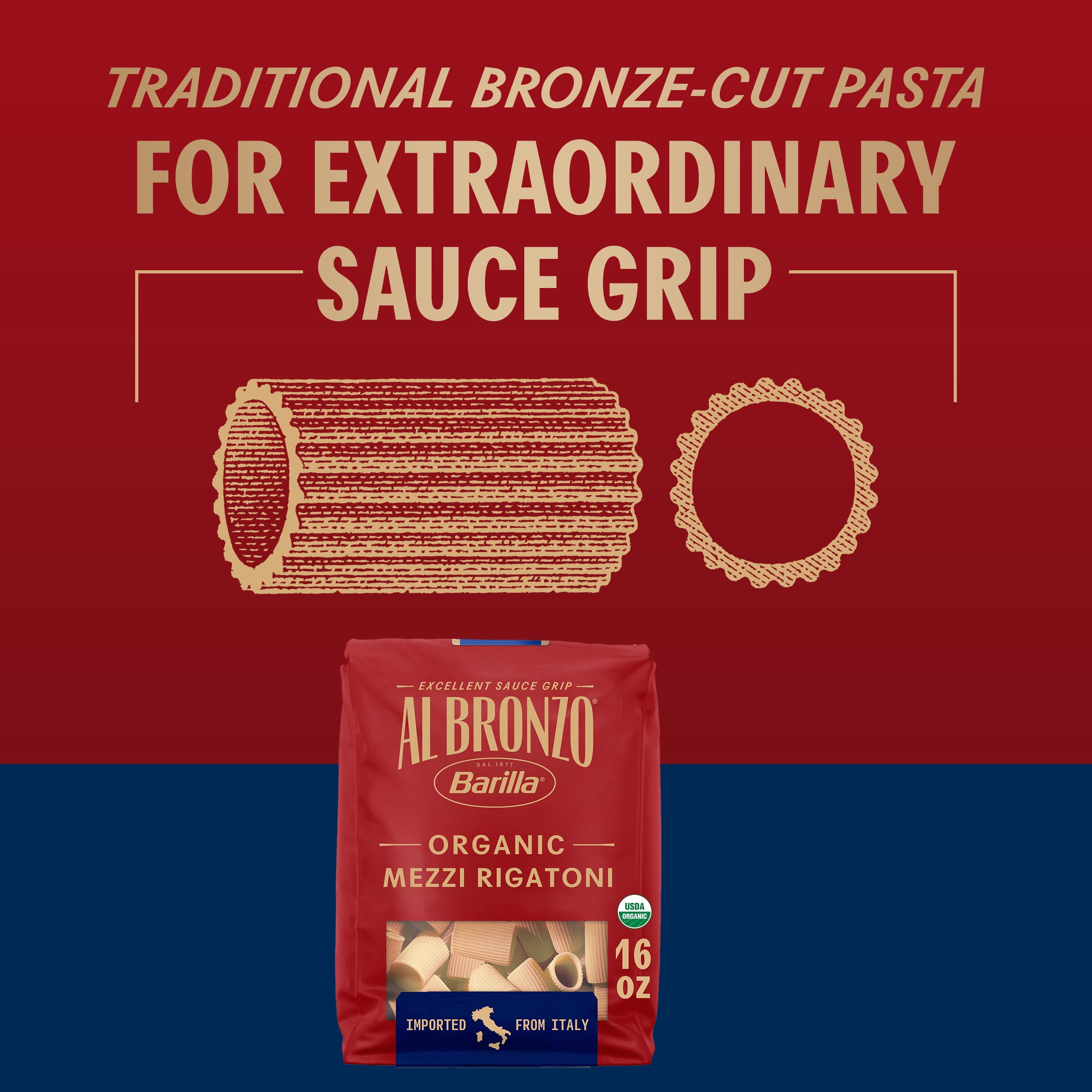 Al Bronzo by Barilla Organic Mezzi Rigatoni Pasta, Bronze Cut Pasta, 16oz.