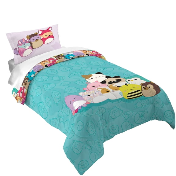Squishmallows Kids 2 Piece Teal Blue Reversible Comforter and Pillowcase set, Twin/full