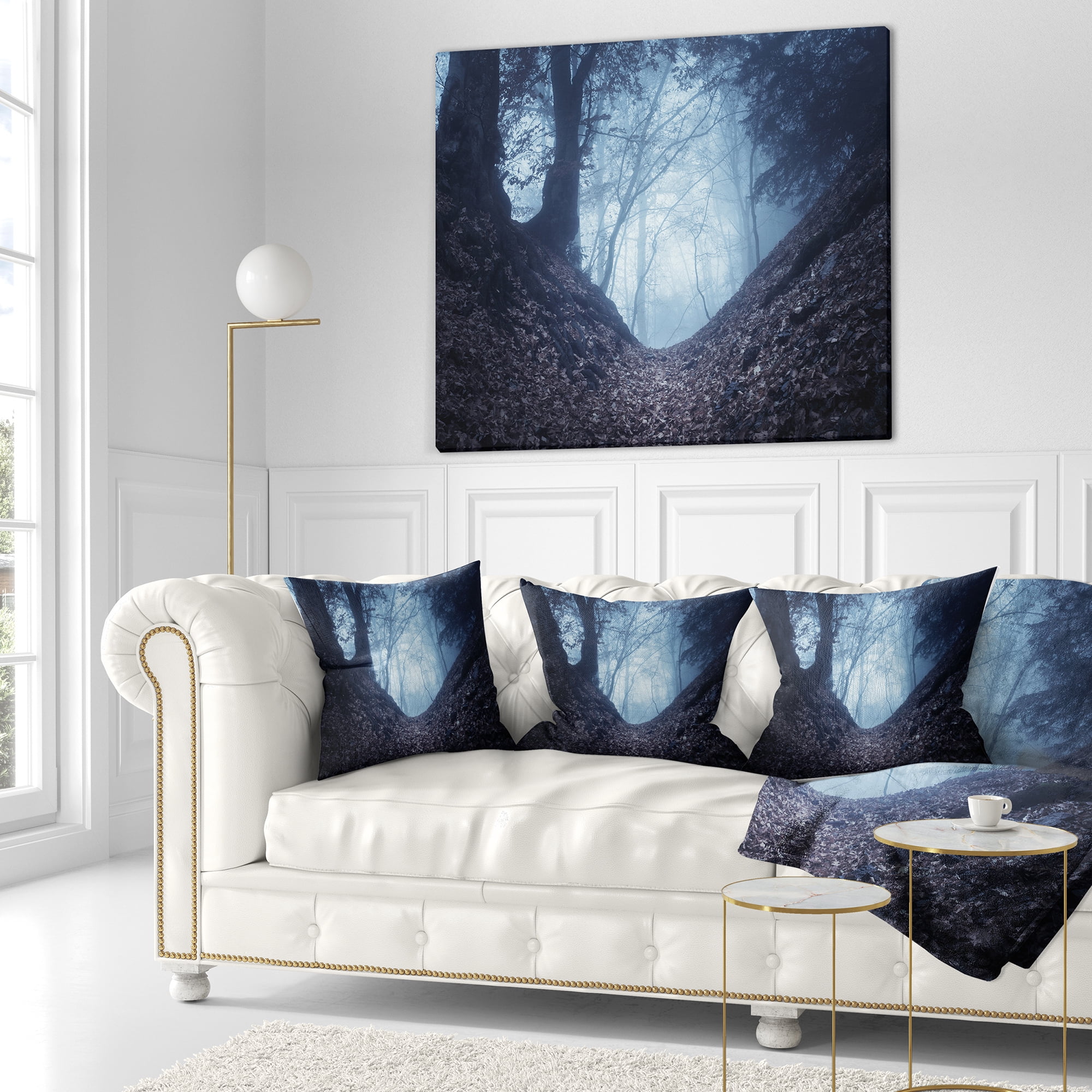 Designart Sunlight Hitting Foggy Forest - Landscape Photography Throw Pillow - 16x16