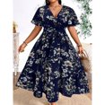 thumbnail image 3 of Navy Blue Floral Wrap Dress With V-Neck, Short Sleeves, Tiered Maxi Skirt, 3 of 6