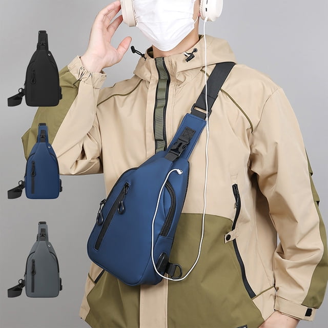 Bolsa bandolera para hombres y mujeres – Almacenamiento en múltiples compartimentos, poliuretano resistente al desgaste, correa ajustable en la cintura, cremallera segura, negro/azul/gris, 29x18x6cm