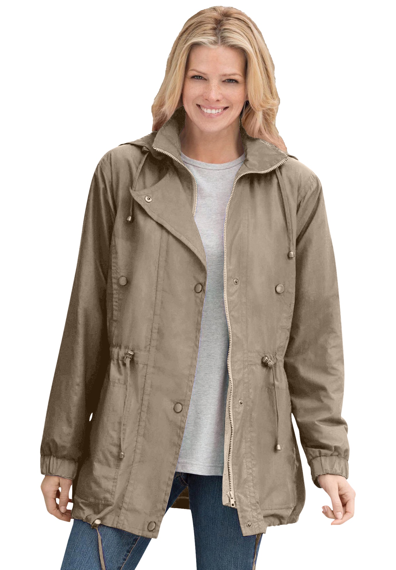 Woman Within Womens Plus Size Fleece-Lined Taslon Anorak Rain Jacket