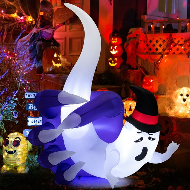 Patiojoy 6FT Tall Halloween Inflatable Decoration, White Wizard Hat Ghost Grabbed in Hand Outdoor Decoration with Bright LED Lights