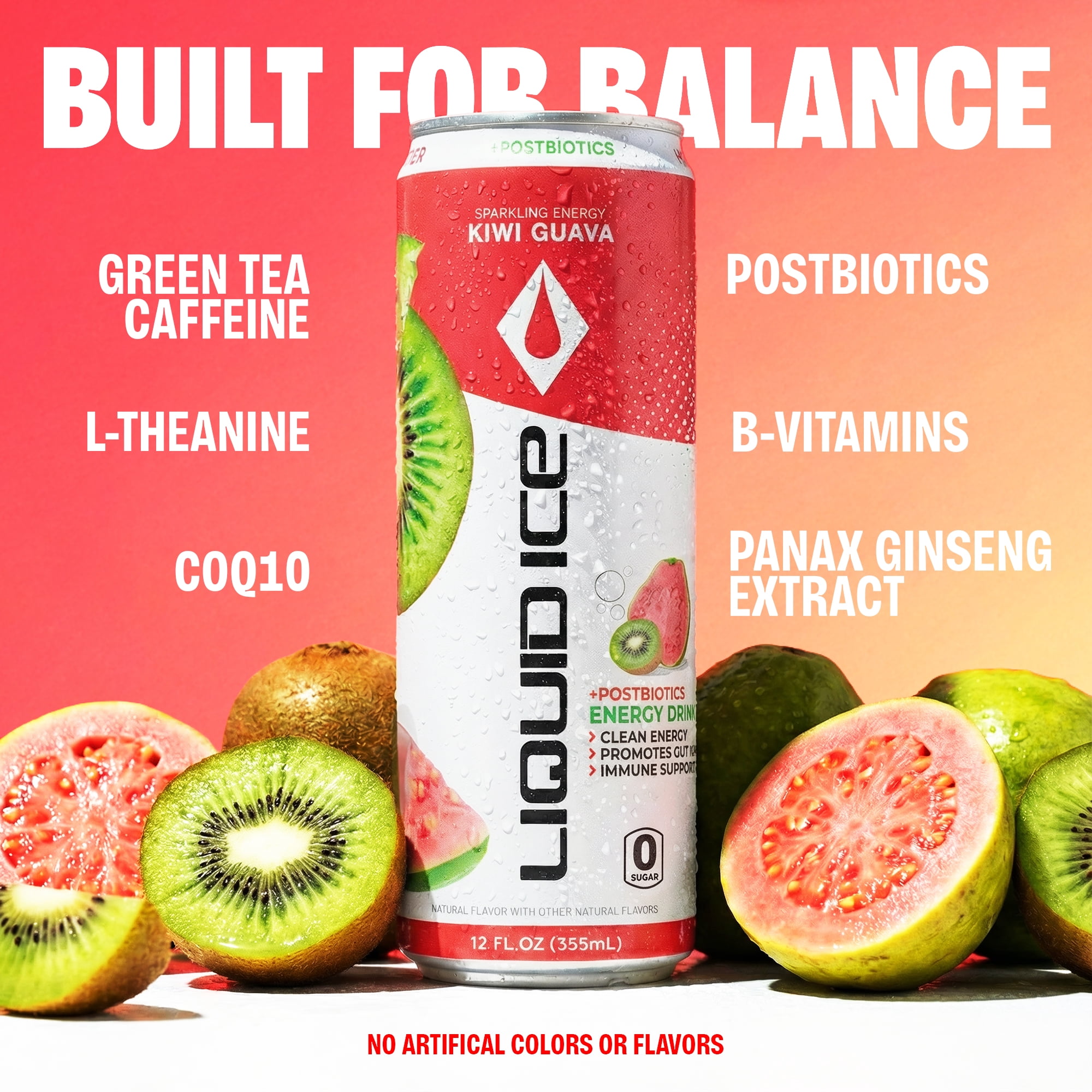 Liquid Ice Energy Drink, Zero Sugar, Kiwi Guava 12 Fl Oz 12 Pack, Postbiotics, Clean Energy, 120mg Natural Caffeine, L Theanine, Green Tea Extract, CoQ10, Antioxidant Support