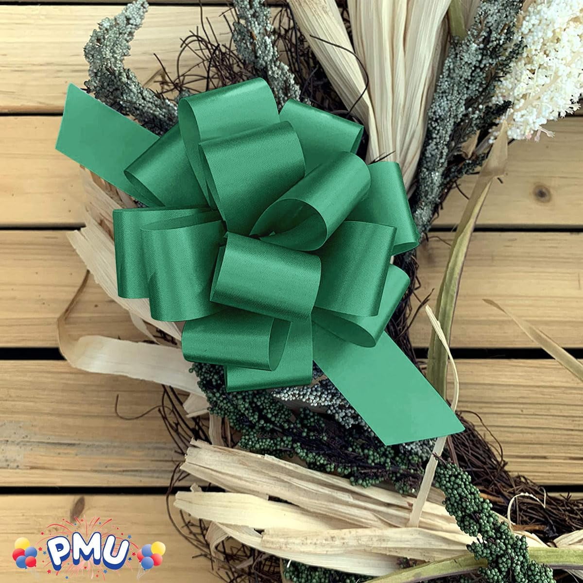 PMU Pull String Bows - Gift Bows for Wedding, Birthdays & Anniversaries - Ribbon Bows for Flowers & Basket Decoration - Large Bow for Gift Wrapping - 5 Inch 20 Loops Green- (10/pkg) Pkg/1