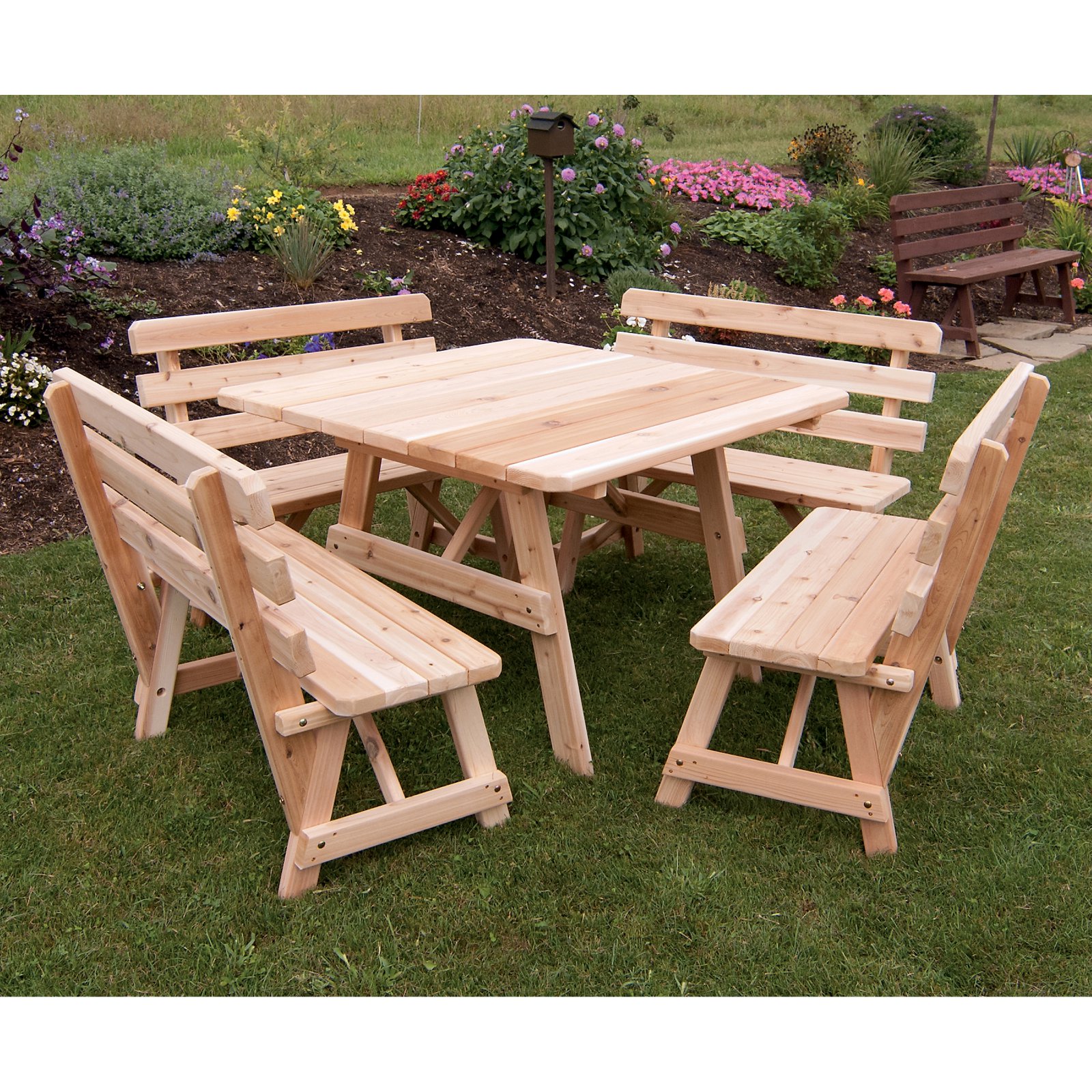 A &amp; L Furniture Western Red Cedar 5 pc. 43 in. Square Table Set with 4 Backed Benches and Optional Umbrella Hole - image 1 of 2
