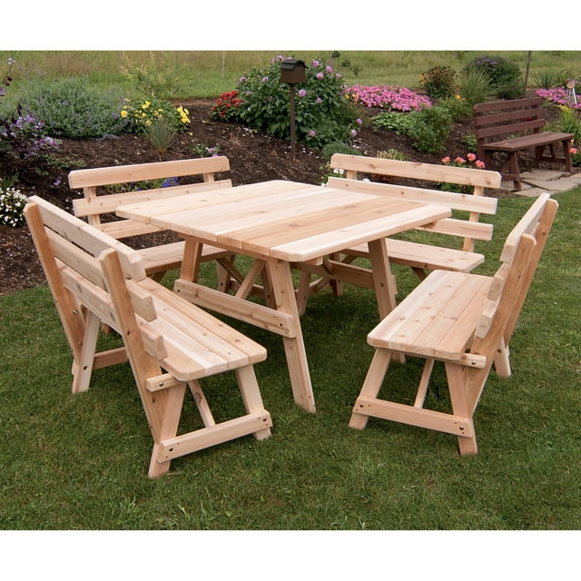 A &amp; L Furniture Western Red Cedar 5 pc. 43 in. Square Table Set with 4 Backed Benches and Optional Umbrella Hole